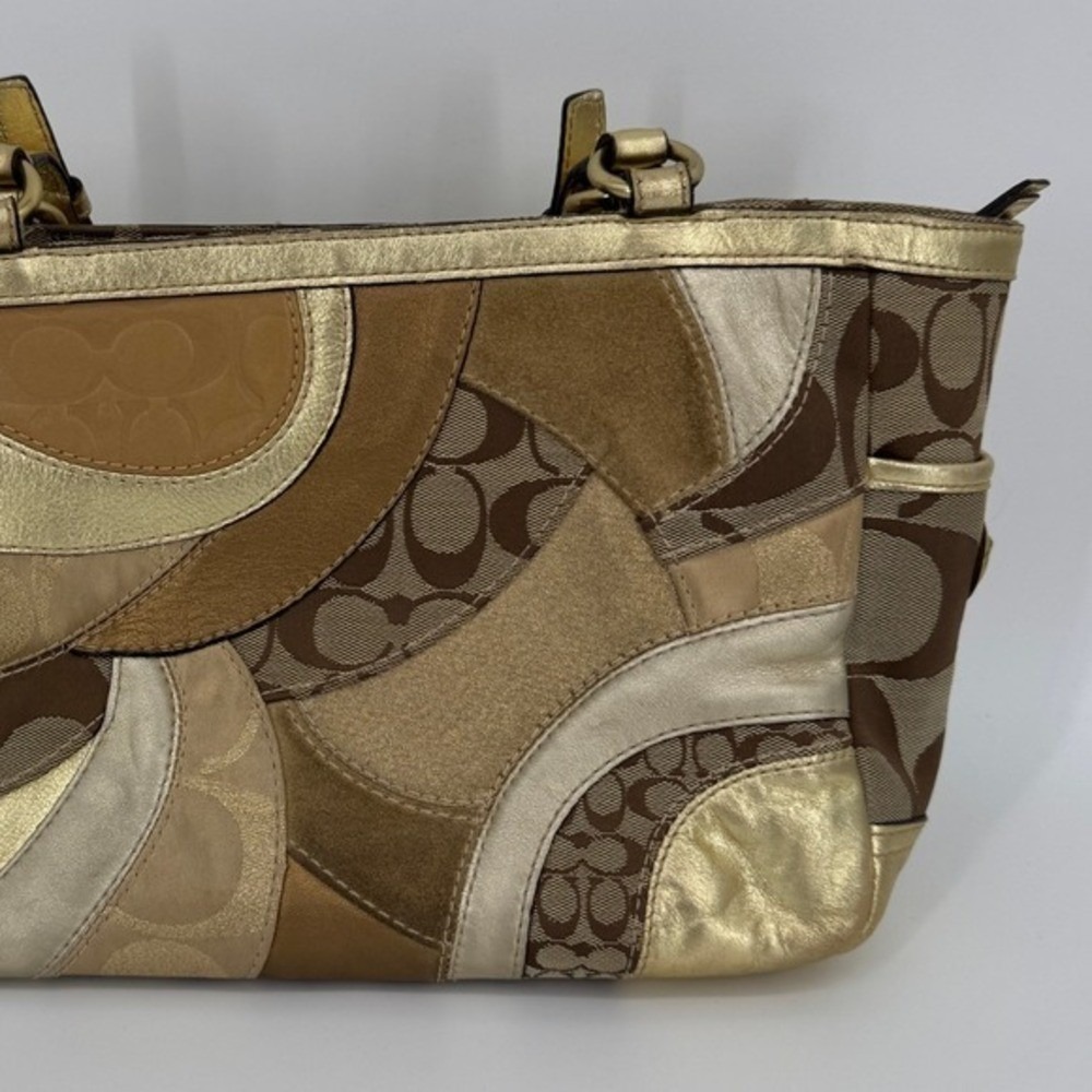 Coach Patchwork Signature Metallic Gold Brown Tote Shoulder Bag F14004 Boho Y2K - Picture 9 of 16